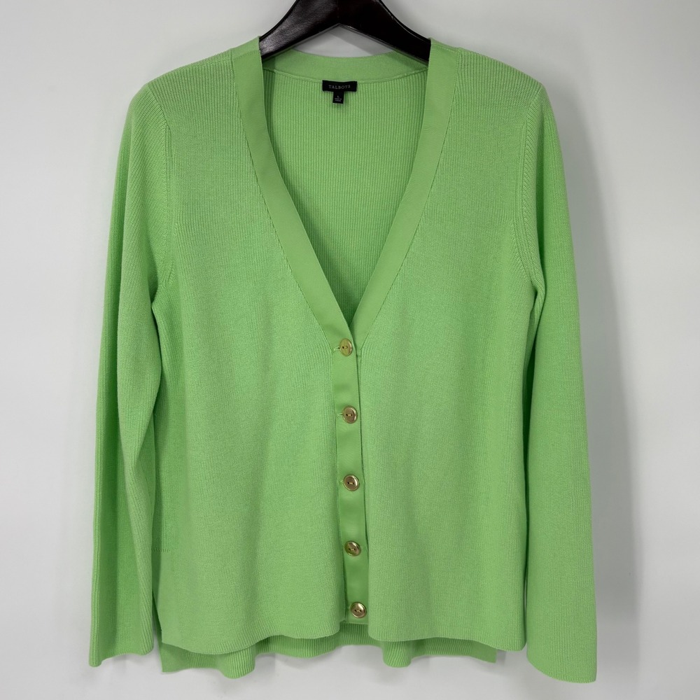 Talbots Womens Ribbed Cotton Blend V-Neck Cardigan Sweater L Spring Green Preppy
